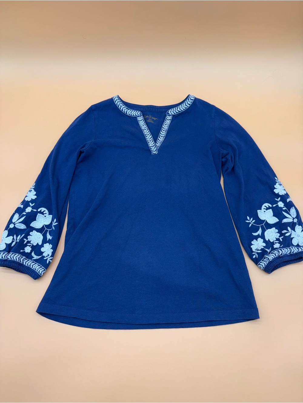 Lilly Pulitzer Blue Floral Embroidered Tunic Top Boho Resort Coastal Bell Sleeve